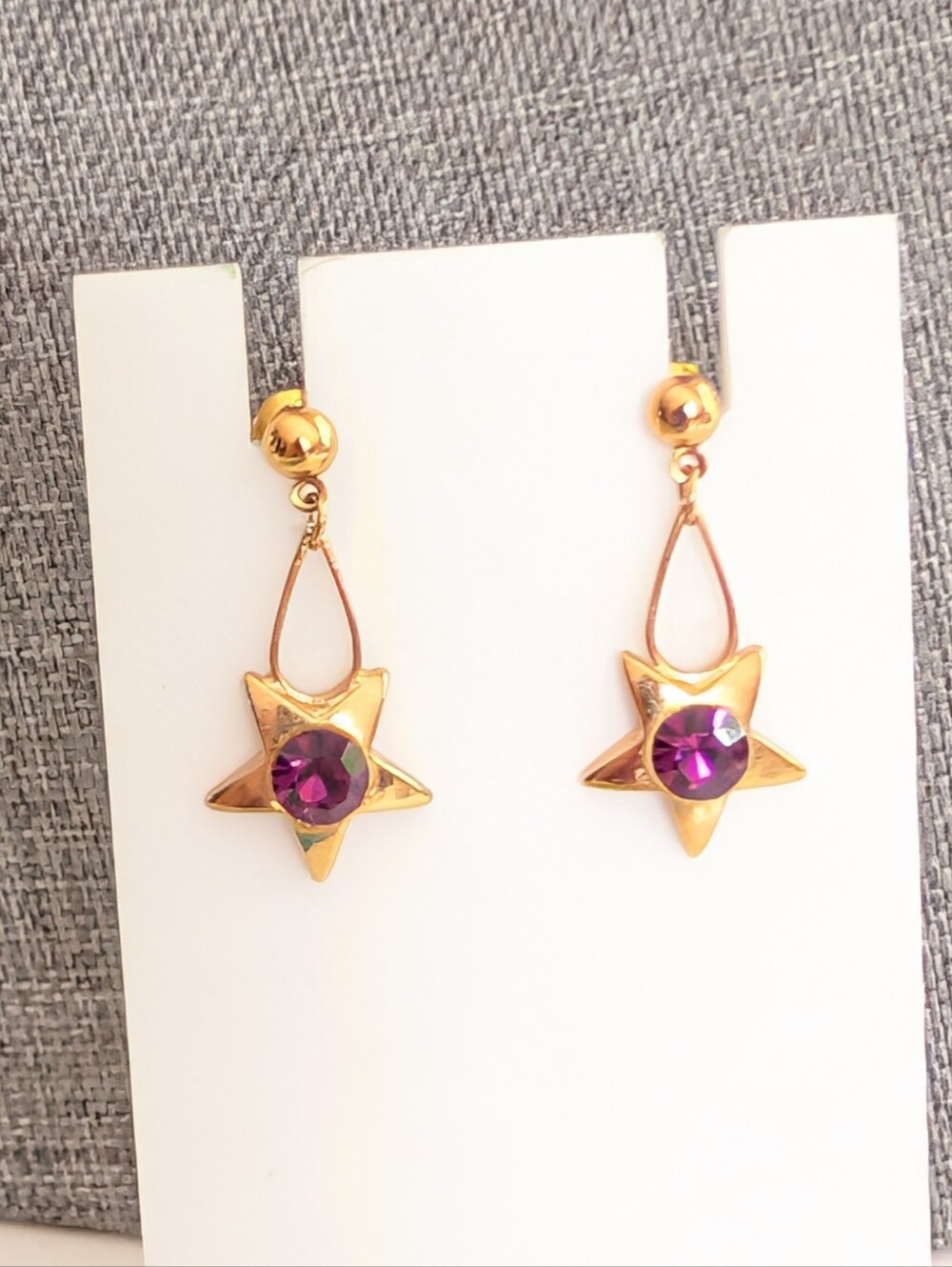 Vintage 90s Gold Tone Star Celestial Glass Rhinestone Dangle Post Earrings